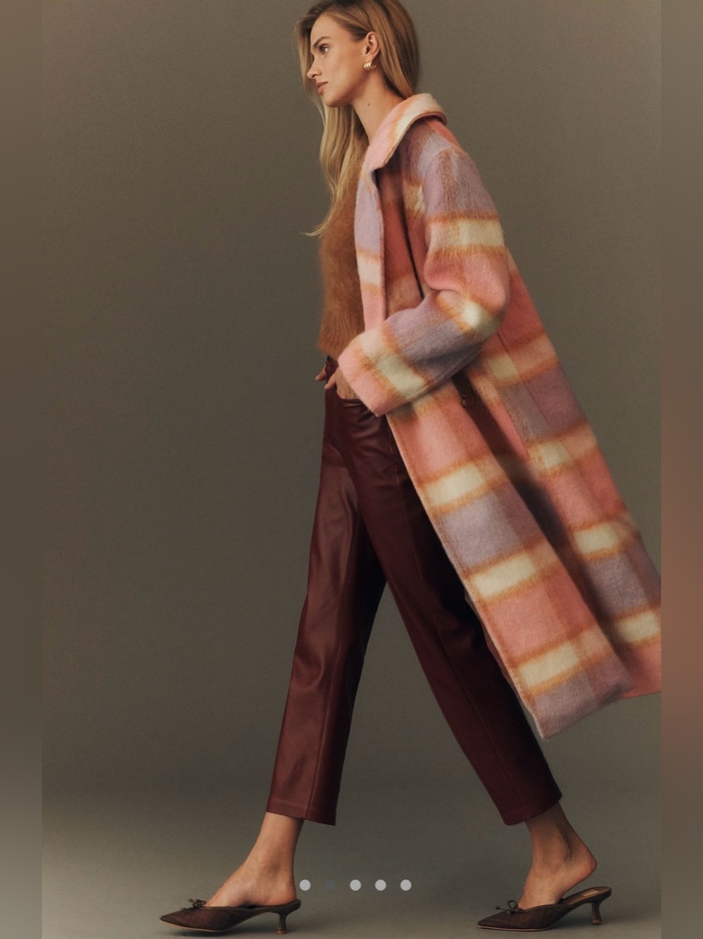 Anthropologie Maeve  Pastel Plaid Long Trench Coat in Pink, Lavender & Cream - Picture 2 of 7